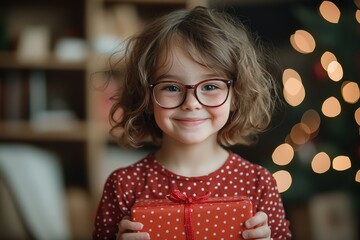 Poster - A young girl smiles happily, holding a red gift box, with a beautifully lit Christmas tree in the background