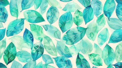 Wall Mural - An abstract watercolor painting depicts a pattern of blue and green leaves on a white background. The leaves are painted in a variety of shades of blue and green, and they overlap and interweave to cr