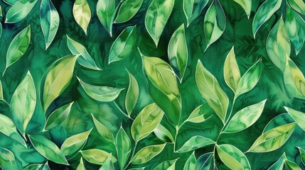 Wall Mural - A watercolor painting of green leaves in various shades, depicting a vibrant and lush natural setting. The leaves are arranged in a pattern that creates a sense of depth and movement, showcasing the b