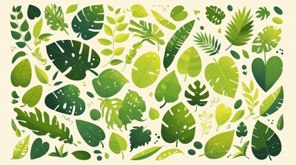 Poster - Various green leaves of different shapes and sizes are arranged artistically on a light background, highlighting the beauty of nature