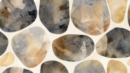 Poster - A close-up shot of an abstract watercolor pattern featuring various shades of beige, brown, and grey. The shapes resemble smooth, rounded stones. The pattern appears to be a repeating design, creating