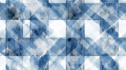 Leinwandbilder - A seamless pattern of blue and white watercolor squares and rectangles, with a grid-like pattern and overlapping geometric shapes, creating a modern and abstract design.