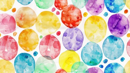 Poster - A seamless pattern of colorful, watercolor circles on a white background. The circles are painted in various shades of red, orange, yellow, green, blue, and purple. Some of the circles are larger than