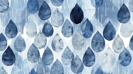 Leinwandbilder - A seamless watercolor pattern of blue raindrops falling on a white background. The raindrops are depicted in various shades of blue, and each drop has a unique texture and shape. The background is lig