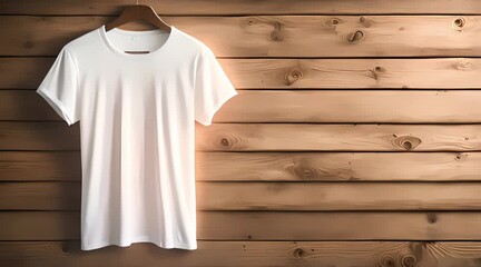 Sticker - plain white t-shirt mockup template front view, hanging with wooden pattern background, 4k video, generated ai