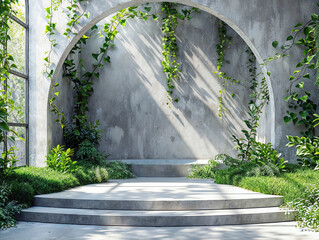 Poster - Empty concrete podium displaying lush green plants in archway white wall background