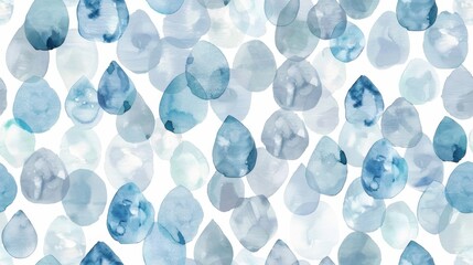 Poster - A seamless pattern featuring blue watercolor raindrops on a white background. The raindrops are various shades of blue and are scattered randomly across the surface.