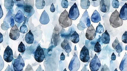Aufkleber - A seamless pattern of abstract watercolor raindrops in shades of blue and grey on a white background. The raindrops are painted in a loose, expressive style, creating a whimsical and organic feel. The