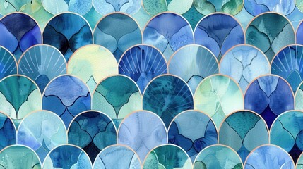 Aufkleber - A close-up, abstract watercolor pattern of blue and green scales with a gold outline. The image features a repeating pattern of overlapping semi-circles, creating a sense of depth and texture.