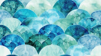 Leinwandbilder - A seamless pattern of overlapping, semi-circular shapes, painted in varying shades of blue and green watercolor. The shapes create a textured, organic appearance reminiscent of scales or waves.