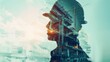 © Julia - future building construction engineering project concept with double exposure graphic design Building engineer, architect people or construction worker working with modern civil equipment technology