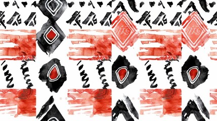 Poster - An abstract pattern featuring bold red and black geometric shapes against a white background. The shapes are painted with watercolor, creating a textured and organic look.