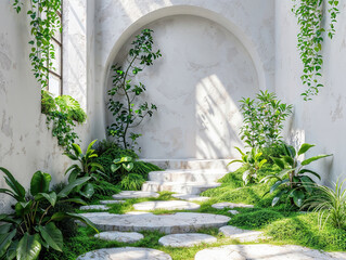 Aufkleber - White stone walkway with green plants in the garden
