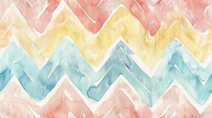 Leinwandbilder - A watercolor painting featuring a repeating zigzag pattern in shades of pink, yellow, and blue. The colors blend seamlessly, creating a soft and ethereal effect. The pattern is rendered in a loose and