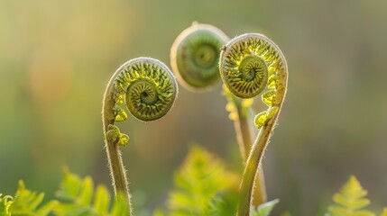 Wall Mural - Two young fern fronds unfurl in the sunlight, their delicate green spirals reaching towards the sky. A blurred green background surrounds the fronds, creating a sense of peace and tranquility.