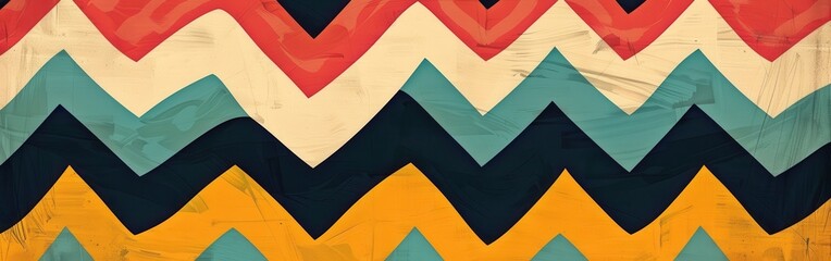 Leinwandbilder - A vibrant, abstract chevron pattern with a vintage, distressed look, featuring a range of colors including red, white, teal, black, and yellow.