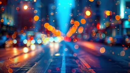 Poster - A blurry view of a city street at night, with bright, colorful lights reflecting on the wet pavement. The scene is out of focus, creating a dreamlike atmosphere.