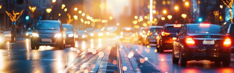 Poster - Cars drive down a wet city street at sunset. The street is illuminated by the headlights of the cars and the streetlights overhead. A few blurred figures are visible on the sidewalk.