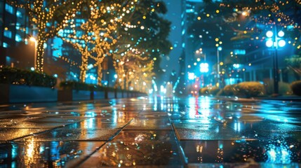 Poster - A wet city street is illuminated by the reflection of streetlights and glowing strings of lights on trees. Raindrops shimmer on the pavement, and the blurred lights of passing cars can be seen in the 