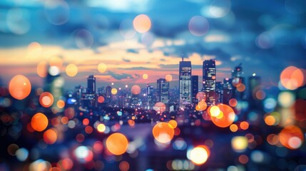 Aufkleber - A city skyline is visible in the distance, with many buildings and skyscrapers silhouetted against the sunset. The city lights are blurred and appear as glowing orbs of color, creating a sense of warm