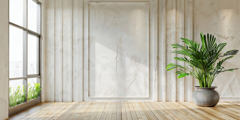 Aufkleber - Empty room with sunlight illuminating blank wall and potted plant