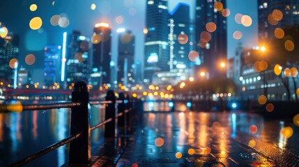 Poster - A wet cityscape is illuminated by city lights and reflections, creating a beautiful bokeh effect. The rain falls softly and the city's towering buildings are visible in the distance.