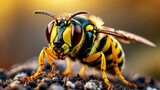 Close-up macro of a yellow and black bee reveals intricate details of nature's beauty, capturing the essence of this vibrant insect in stunning clarity.