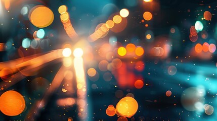Poster - An out-of-focus image of city lights at night. The bokeh effect creates a dreamy, abstract atmosphere with warm orange and yellow tones against a dark blue background.