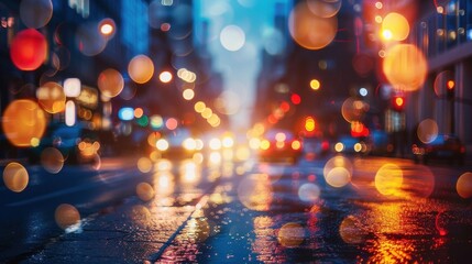 Poster - A low angle view of a city street at night, showing the reflections of bright street lights in the wet pavement after a recent rain shower. The lights from passing vehicles are blurred, creating a sen