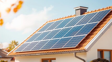 Solar panels on a modern house roof, Renewable energy, Ecofriendly home