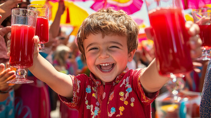 A child holding two glasses of drinks in hands.