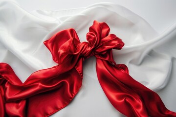 Wall Mural - A single red satin bow is tied to a white fabric, ideal for various uses including fashion, decoration, and more