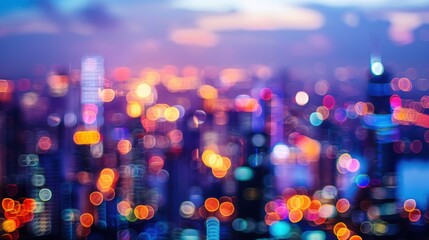 Aufkleber - A view of a city at dusk, with the lights blurred and out of focus, creating a colorful and abstract effect. The cityscape is visible in the background, with tall buildings and streetlights illuminate