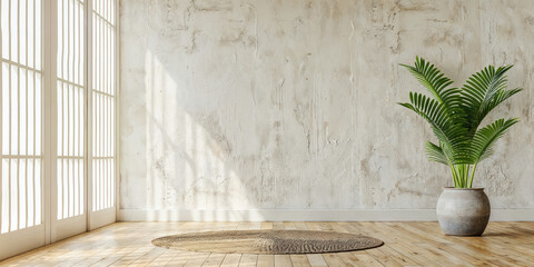 Poster - Empty room with wooden floor and green plant on white wall background