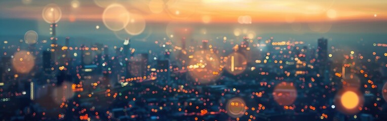 Poster - An out-of-focus image of a cityscape at dusk, showing the silhouettes of buildings with twinkling lights, and the bokeh effect of the setting sun.