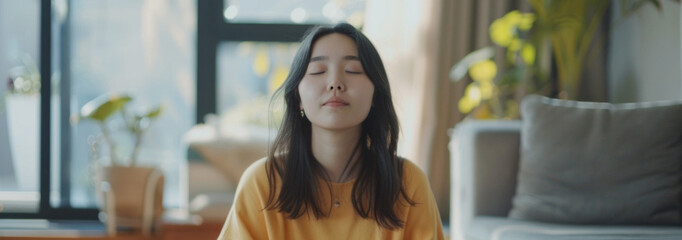 A woman in a yellow shirt is sitting on a couch and looking at the camera