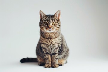 Poster - A close-up shot of a curious cat sitting on a white surface, looking directly at the camera