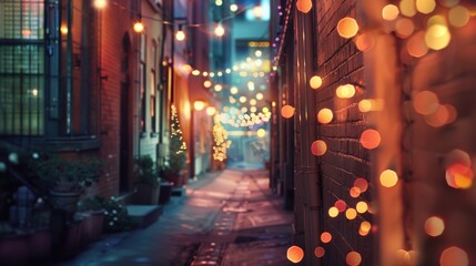 Poster - A brick wall with string lights hangs down from the top in an alleyway. The lights are blurred and out of focus, creating a warm and inviting atmosphere.