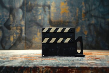 Poster - A close-up shot of a black and white clapper resting on a table, great for use in films, photography, or any project requiring a vintage touch