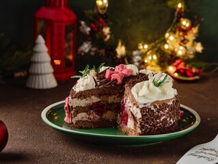 Canvas Print - Classic Black Forest cake in Christmas decoration on green plate on dark wooden background. Merry Christmas.