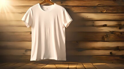 Sticker - plain white t-shirt mockup template front view, hanging with wooden pattern background, 4k video, generated ai