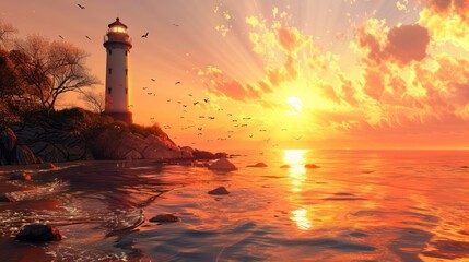 Canvas Print - Lighthouse sunset serene coastal beauty