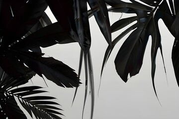 Tropical leaves monochrome effect. Background with dark tropical leaves, fresh flat background. Flat lay. Generative AI