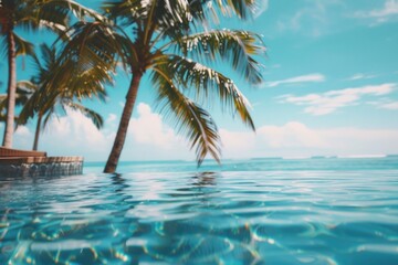 Poster - A serene pool scene surrounded by tall palm trees, perfect for relaxation and outdoor activities