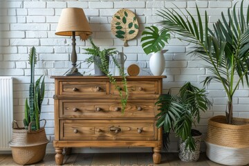 Poster - A chest of drawers with lush green plants on top, providing a natural touch to the space