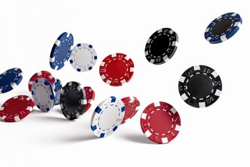 Poster - A group of poker chips suspended in mid-air, perfect for illustrating concepts like chance or unpredictability