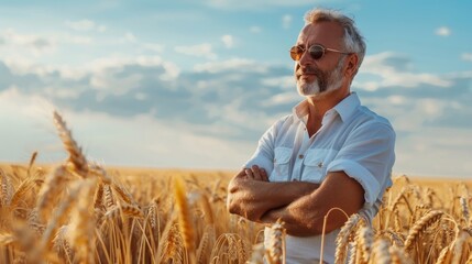Poster - A man in a white shirt stands in a field of wheat