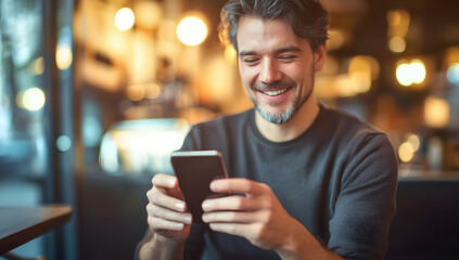 Wall Mural - Happy male using smartphone at modern coffee shop, he chatting Online Messaging on mobile smartphone.