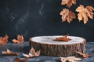 Wall Mural - Wooden podium or stand for product showcase with dried leaves on grey stone background, dark still life