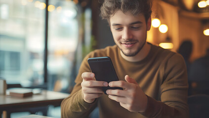 Poster - Happy male using smartphone at modern coffee shop, he chatting Online Messaging on mobile smartphone.